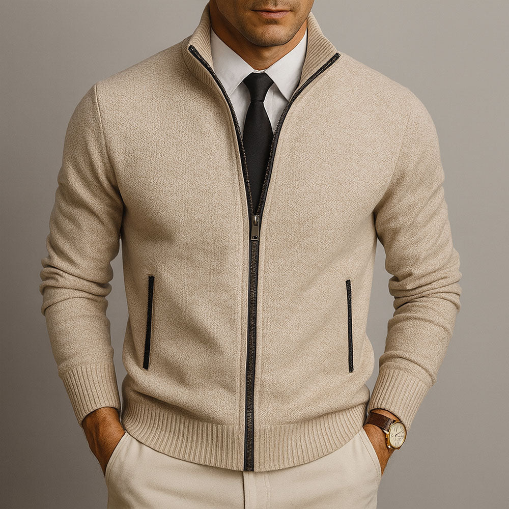 Men's Long Sleeve Cardigan with Stand-Up Collar and Zip Closure