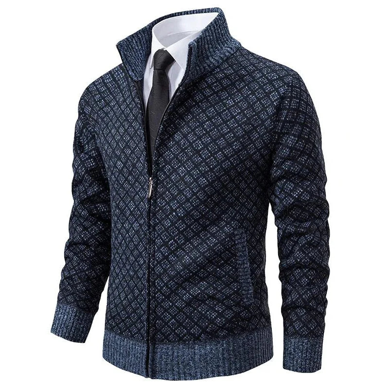 Men's Check Pattern Zip-Up Cardigan with Stand Collar