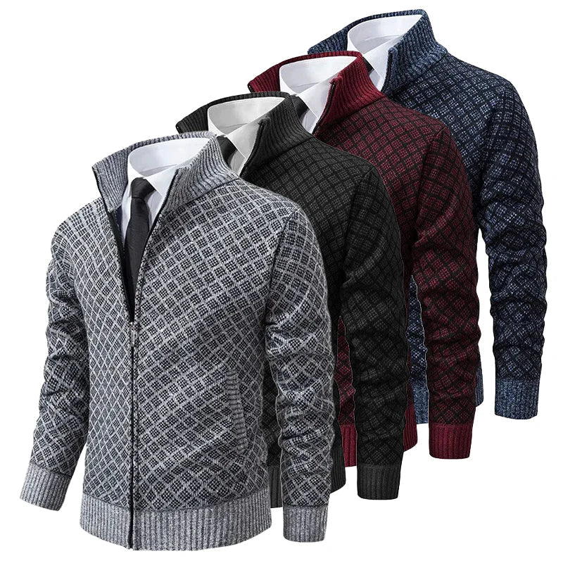Men's Check Pattern Zip-Up Cardigan with Stand Collar
