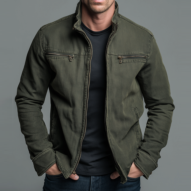 Vintage Style Men's Casual Jacket with Stand-Up Collar and Zip Closure