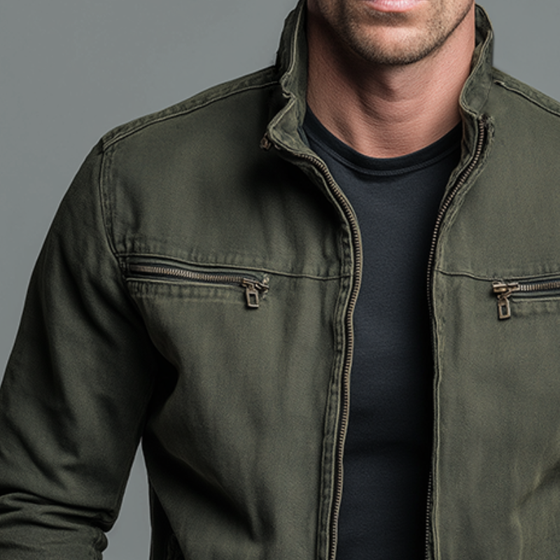 Vintage Style Men's Casual Jacket with Stand-Up Collar and Zip Closure