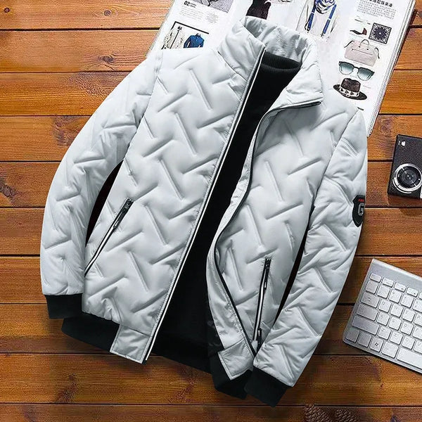 Men's Quilted Bomber Jacket with Stand-up Collar and Zip Pockets