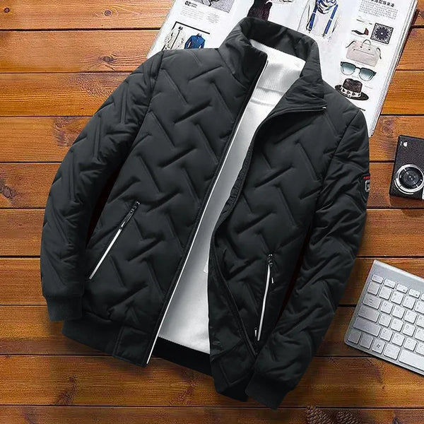 Men's Quilted Bomber Jacket with Stand-up Collar and Zip Pockets