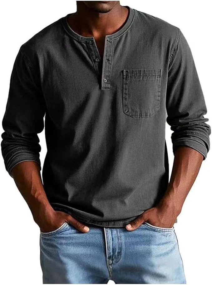 Men's Long Sleeve Henley Shirt Featuring Chest Pocket and Button Detail