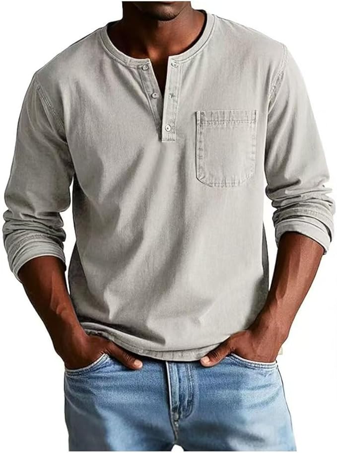 Men's Long Sleeve Henley Shirt Featuring Chest Pocket and Button Detail