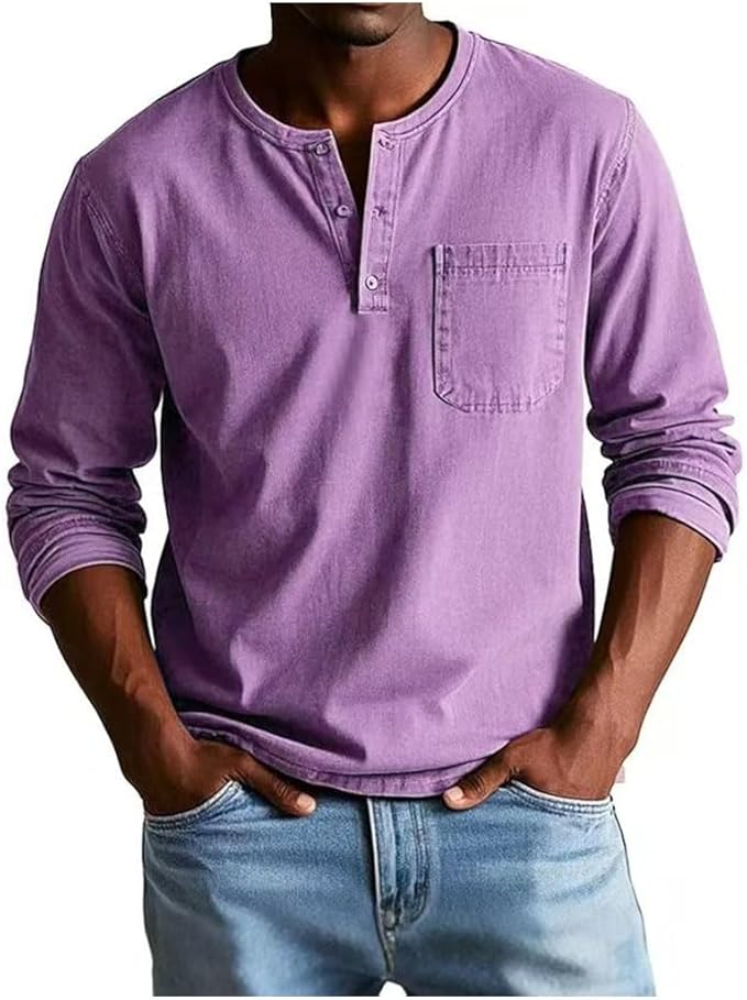 Men's Long Sleeve Henley Shirt Featuring Chest Pocket and Button Detail