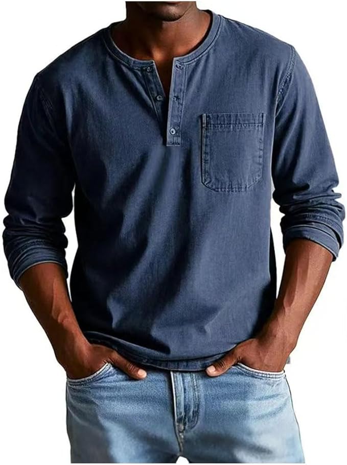 Men's Long Sleeve Henley Shirt Featuring Chest Pocket and Button Detail