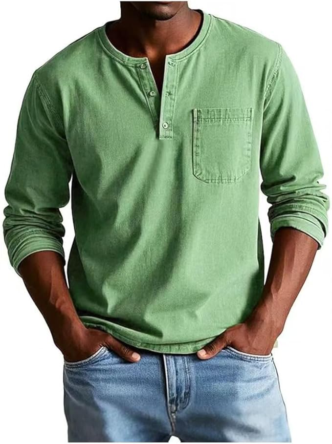 Men's Long Sleeve Henley Shirt Featuring Chest Pocket and Button Detail