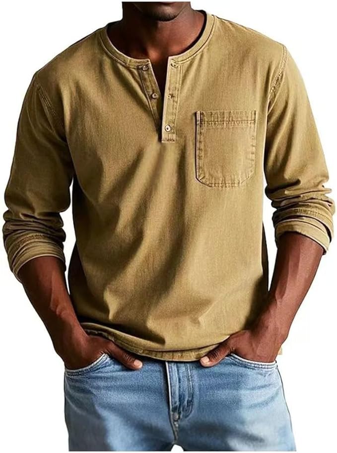 Men's Long Sleeve Henley Shirt Featuring Chest Pocket and Button Detail
