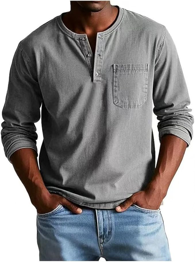 Men's Long Sleeve Henley Shirt Featuring Chest Pocket and Button Detail