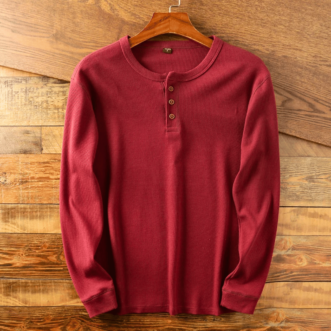 Men's Long Sleeve Button-Up Henley Shirt with Round Neck