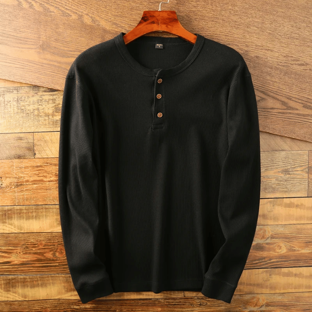 Men's Long Sleeve Button-Up Henley Shirt with Round Neck