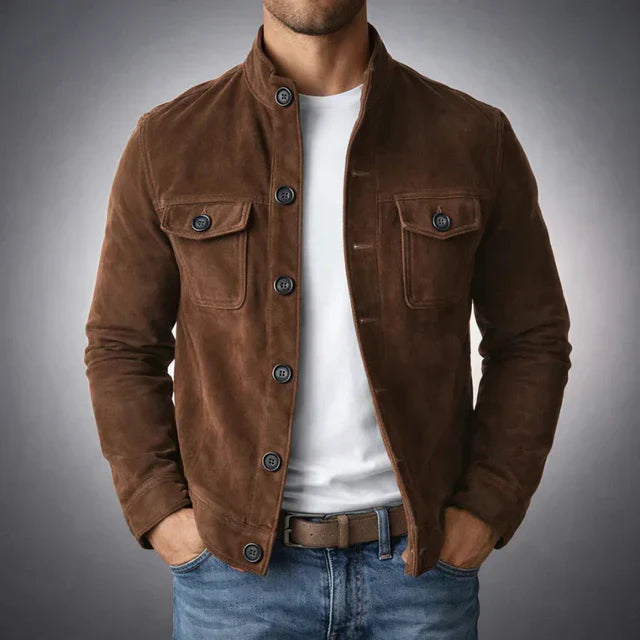 Men's Stand-Up Collar Jacket with Button Closure