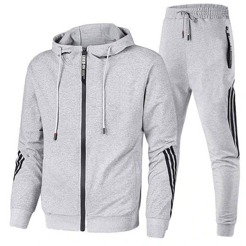 Men's Hooded Tracksuit with Zip and Striped Accents