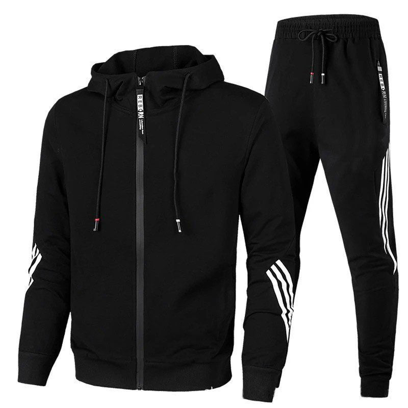 Men's Hooded Tracksuit with Zip and Striped Accents