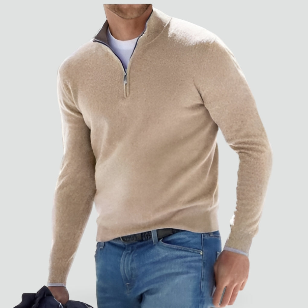 Men's Cotton Knitted Jumper with Zip Collar for Casual Style