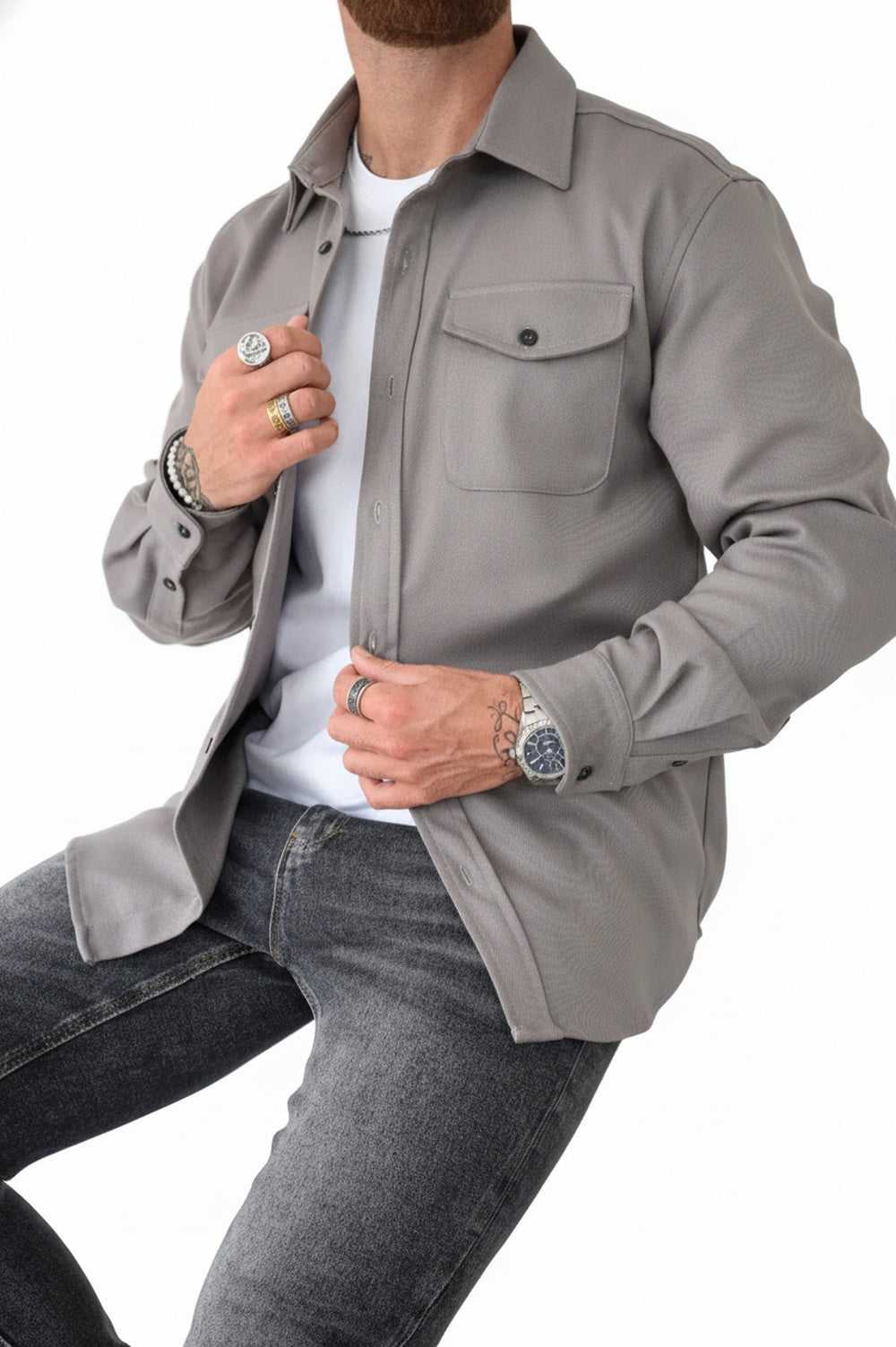 Men's Classic Collar Long Sleeve Overshirt with Chest Pockets