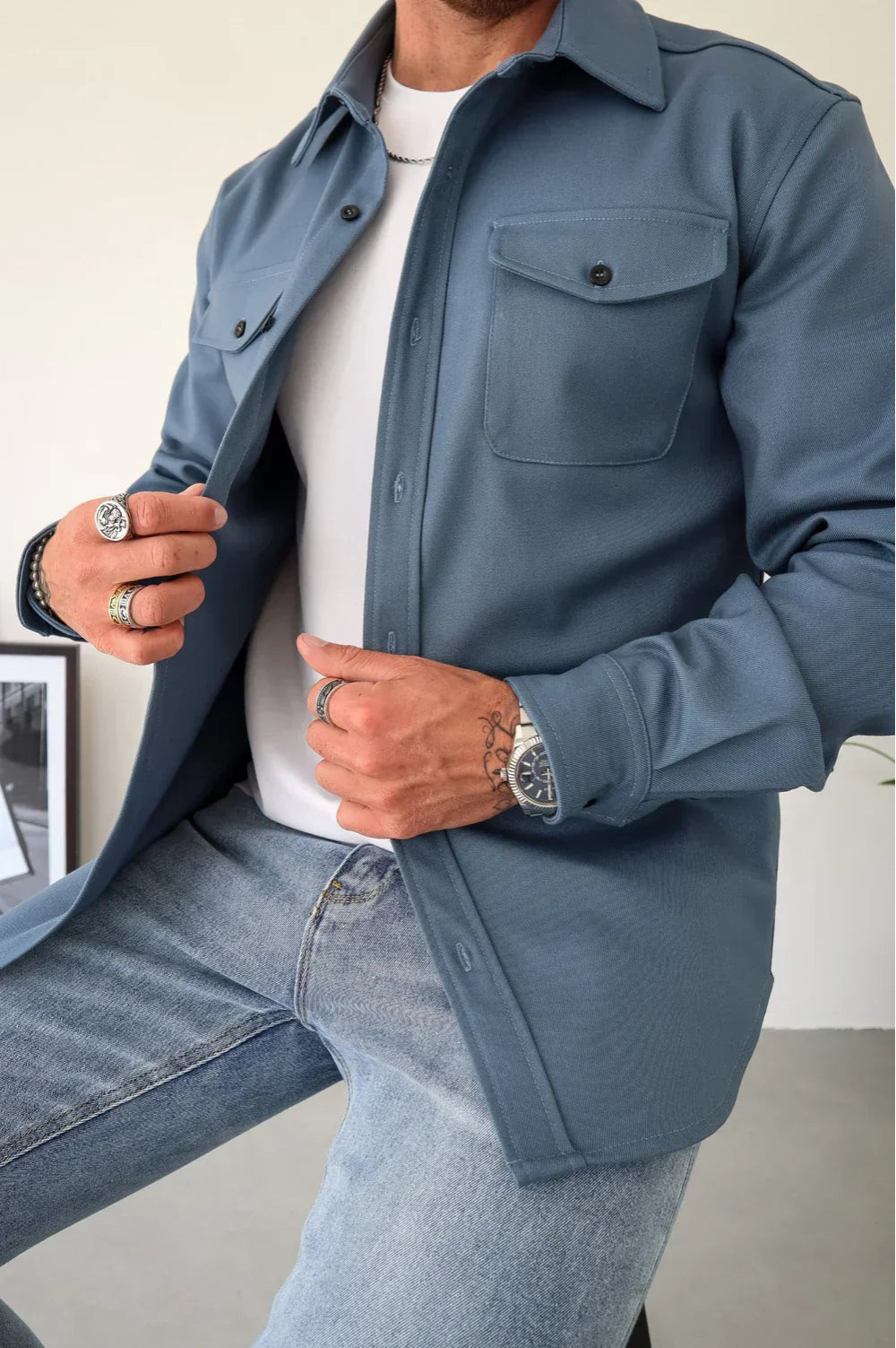 Men's Classic Collar Long Sleeve Overshirt with Chest Pockets