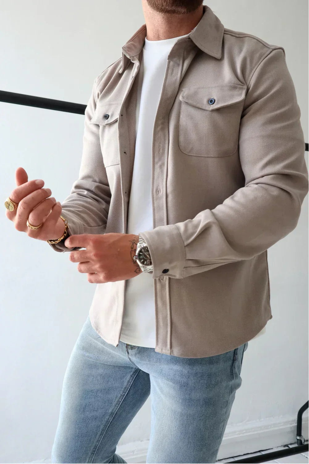 Men's Classic Collar Long Sleeve Overshirt with Chest Pockets