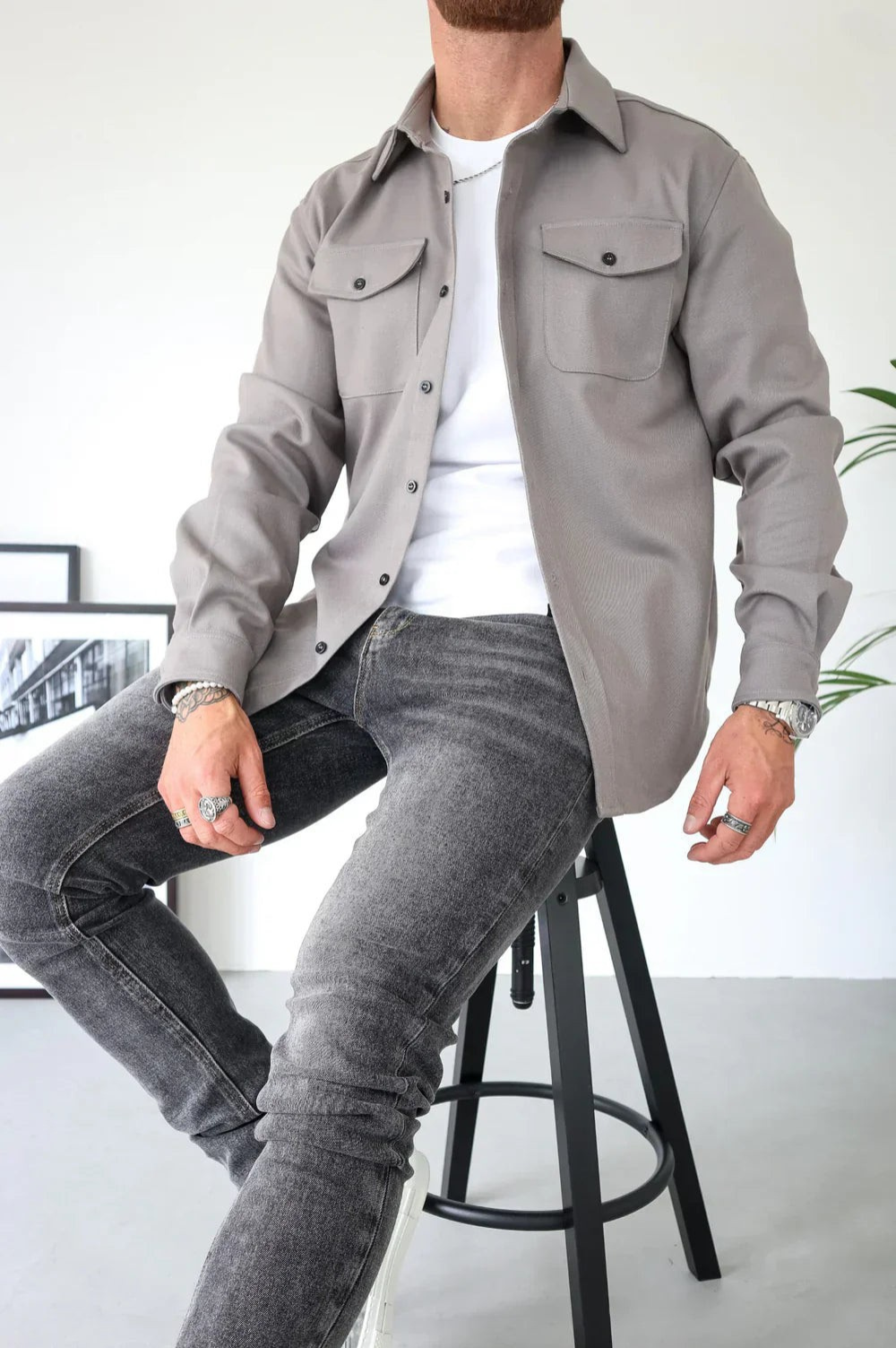 Men's Classic Collar Long Sleeve Overshirt with Chest Pockets