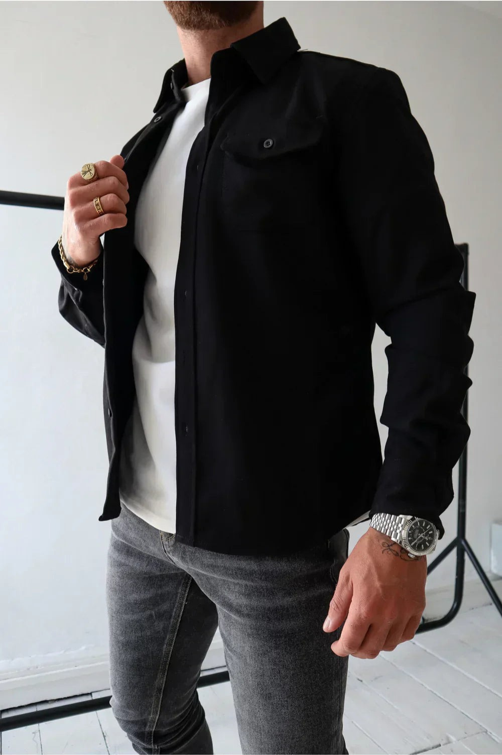 Men's Classic Collar Long Sleeve Overshirt with Chest Pockets