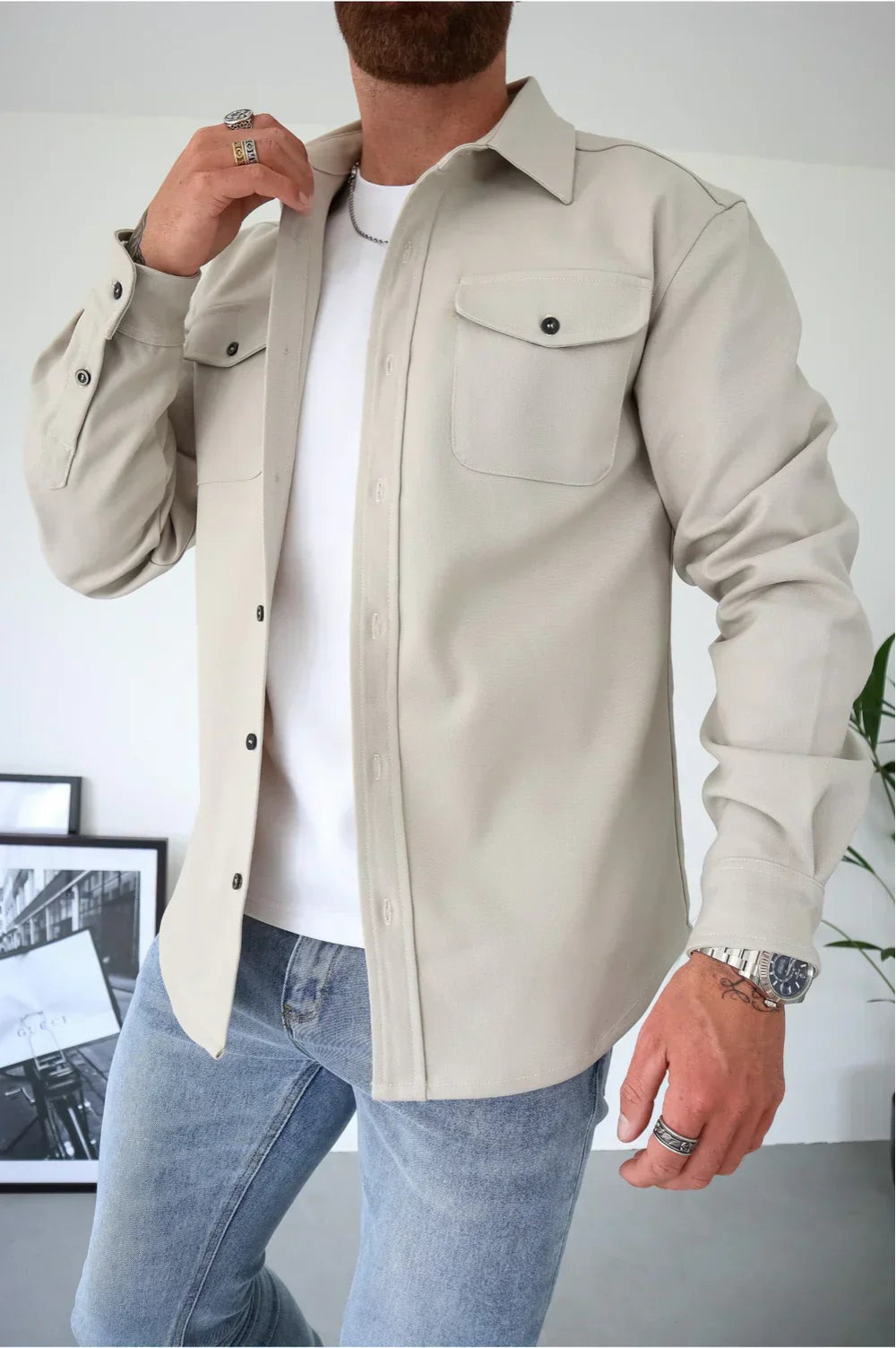 Men's Classic Collar Long Sleeve Overshirt with Chest Pockets