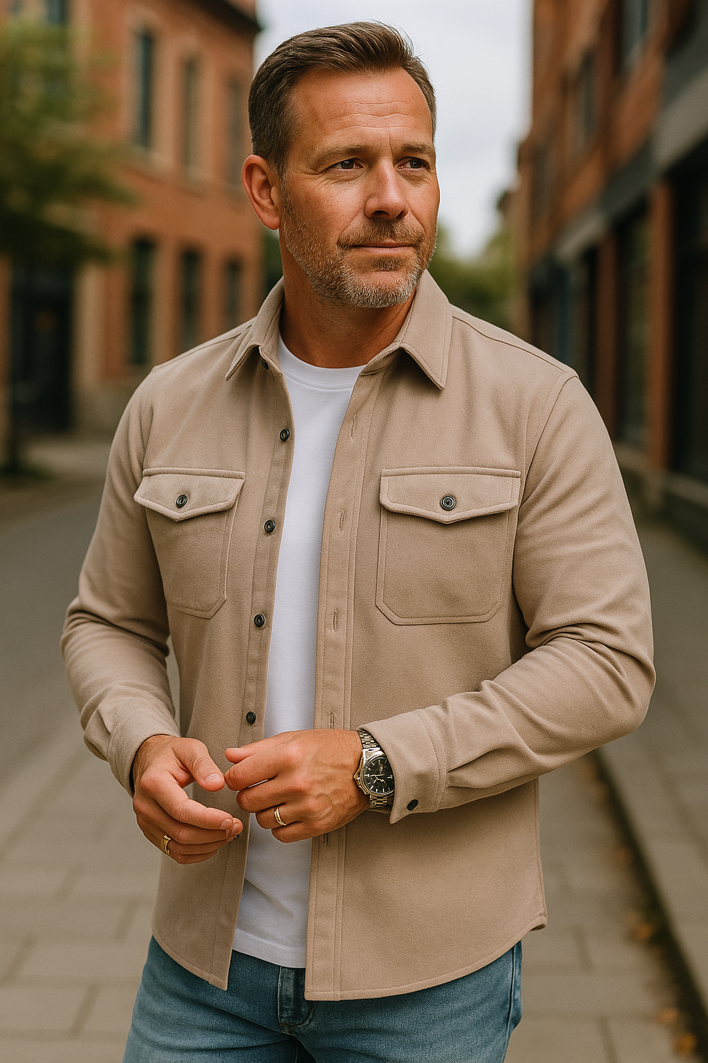 Men's Button-Up Long Sleeve Overshirt with Chest Pockets