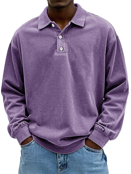 Men's Long Sleeve Polo Sweatshirt with Collar and Button Closure