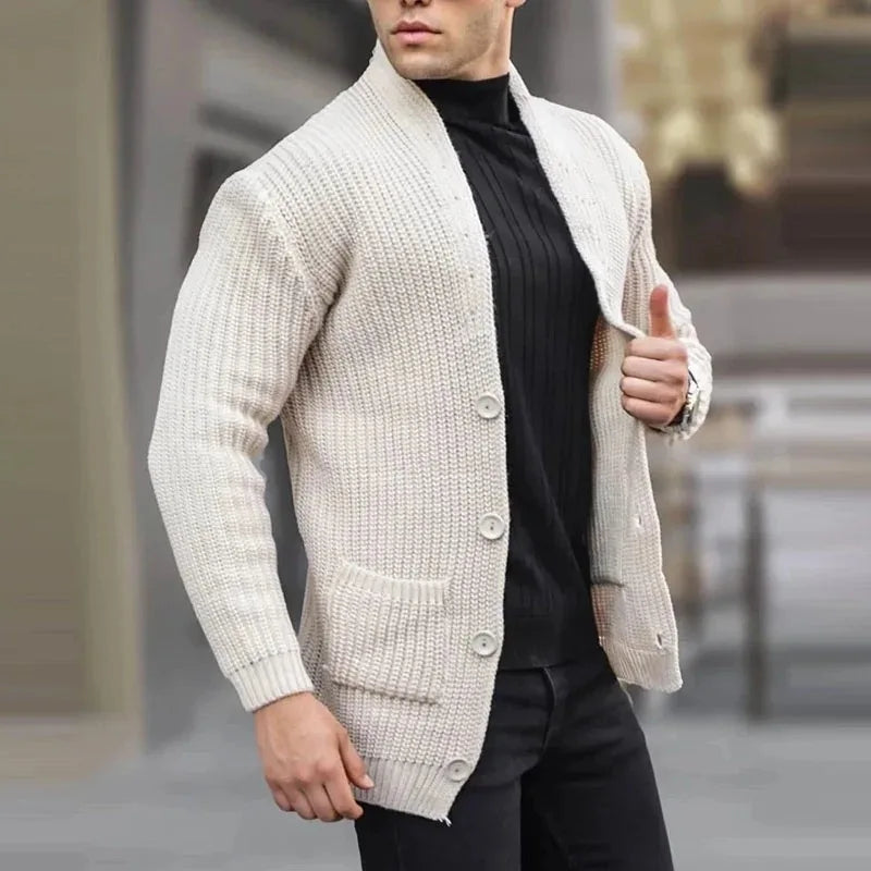 Men's Stylish Chunky Knit Cardigan with Shawl Collar and Spacious Pockets