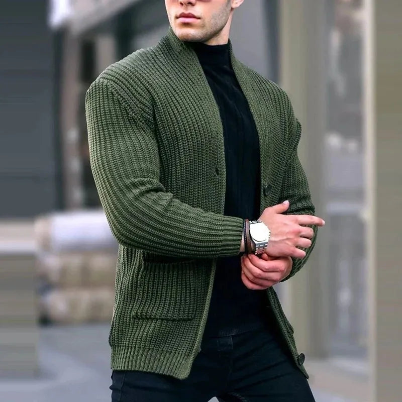 Men's Stylish Chunky Knit Cardigan with Shawl Collar and Spacious Pockets