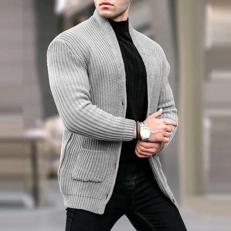 Men's Stylish Chunky Knit Cardigan with Shawl Collar and Spacious Pockets