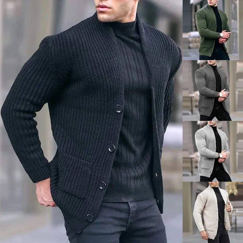 Men's Stylish Chunky Knit Cardigan with Shawl Collar and Spacious Pockets