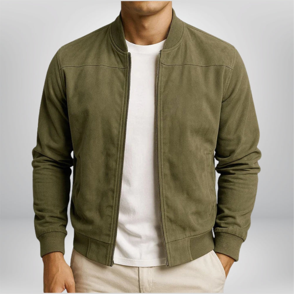 Men's Timeless Leather Bomber Jacket with Stand-Up Collar and Zipped Pockets