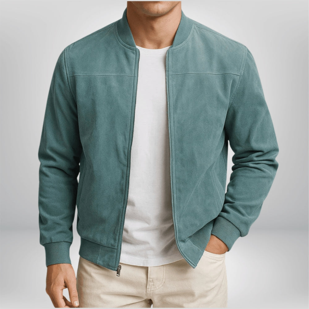 Men's Timeless Leather Bomber Jacket with Stand-Up Collar and Zipped Pockets