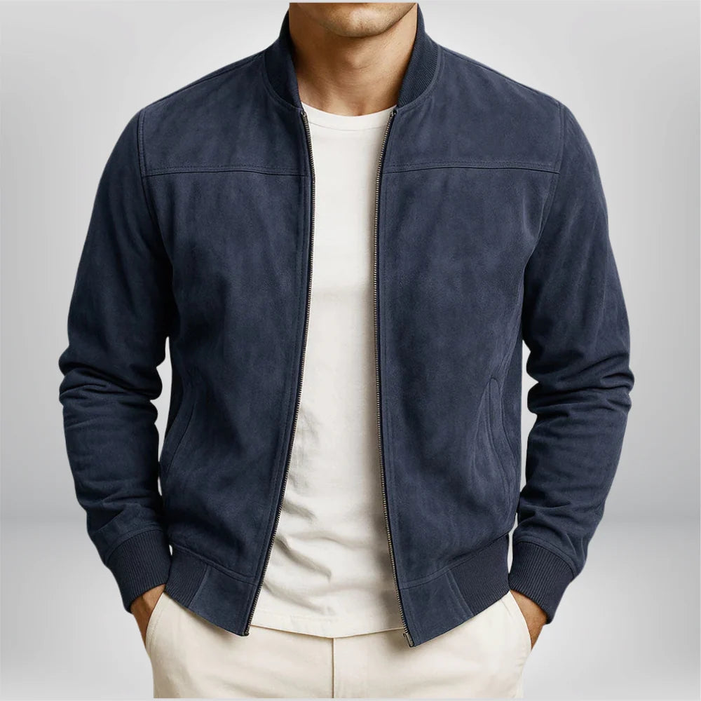 Men's Timeless Leather Bomber Jacket with Stand-Up Collar and Zipped Pockets