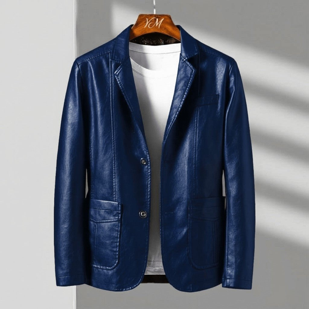 Men's Tailored Leather Blazer with Lapel Collar and Two Buttons