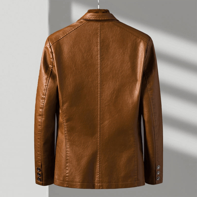 Men's Tailored Leather Blazer with Lapel Collar and Two Buttons