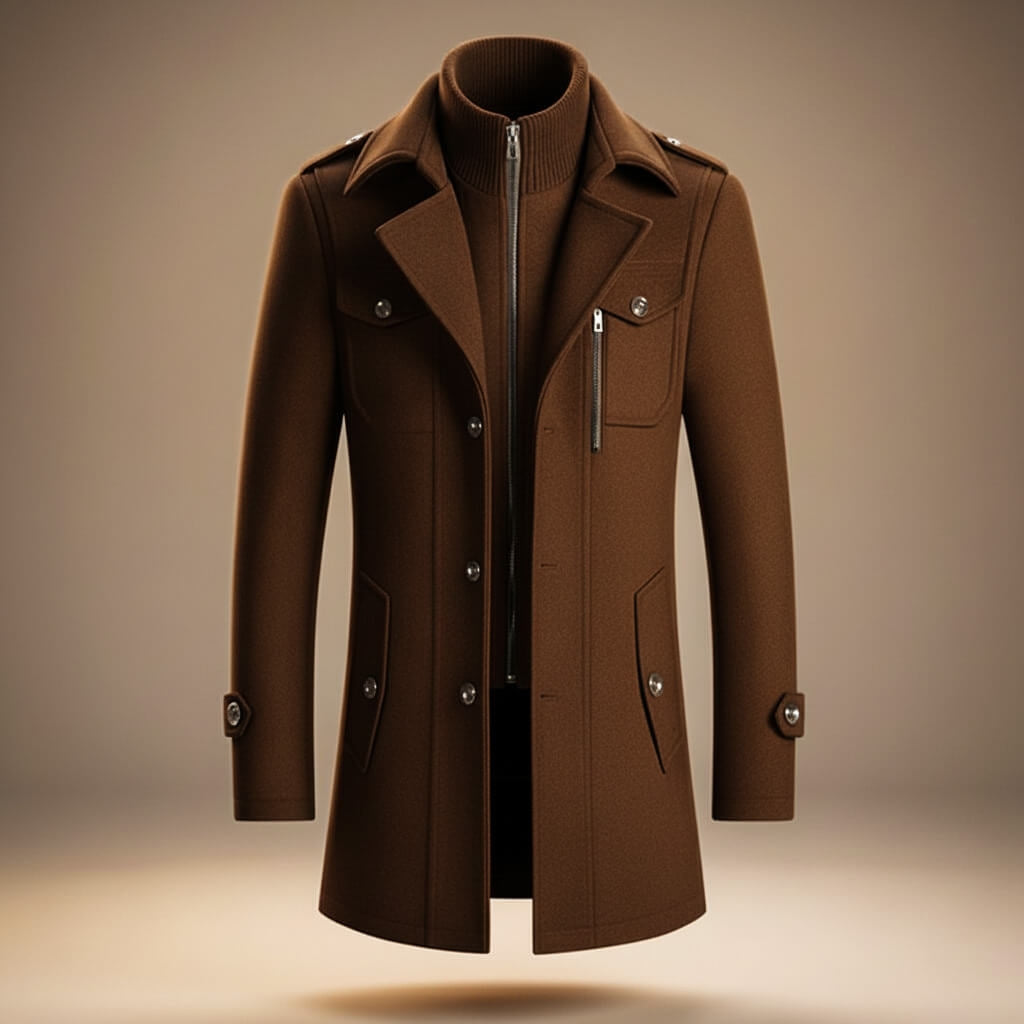 Men's Warm Wool Coat with Zip and Notched Collar