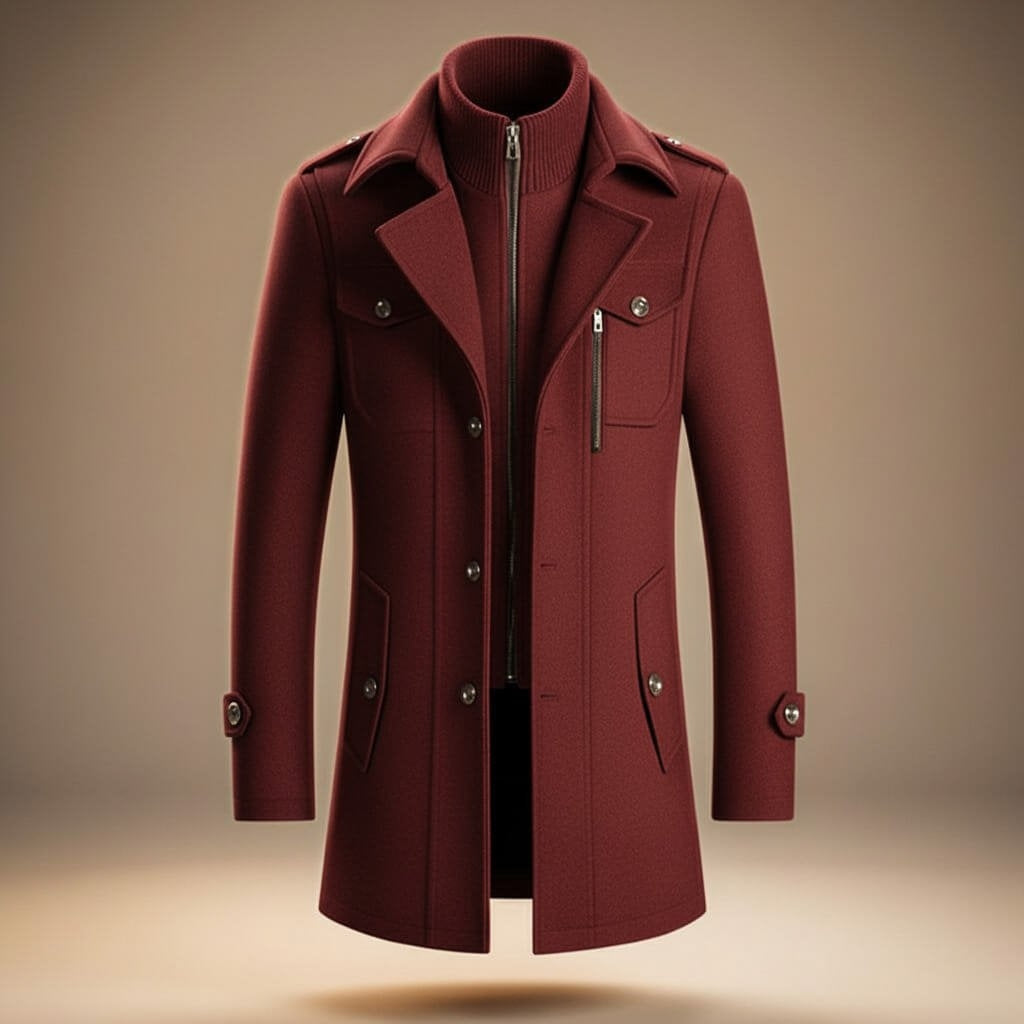 Men's Warm Wool Coat with Zip and Notched Collar