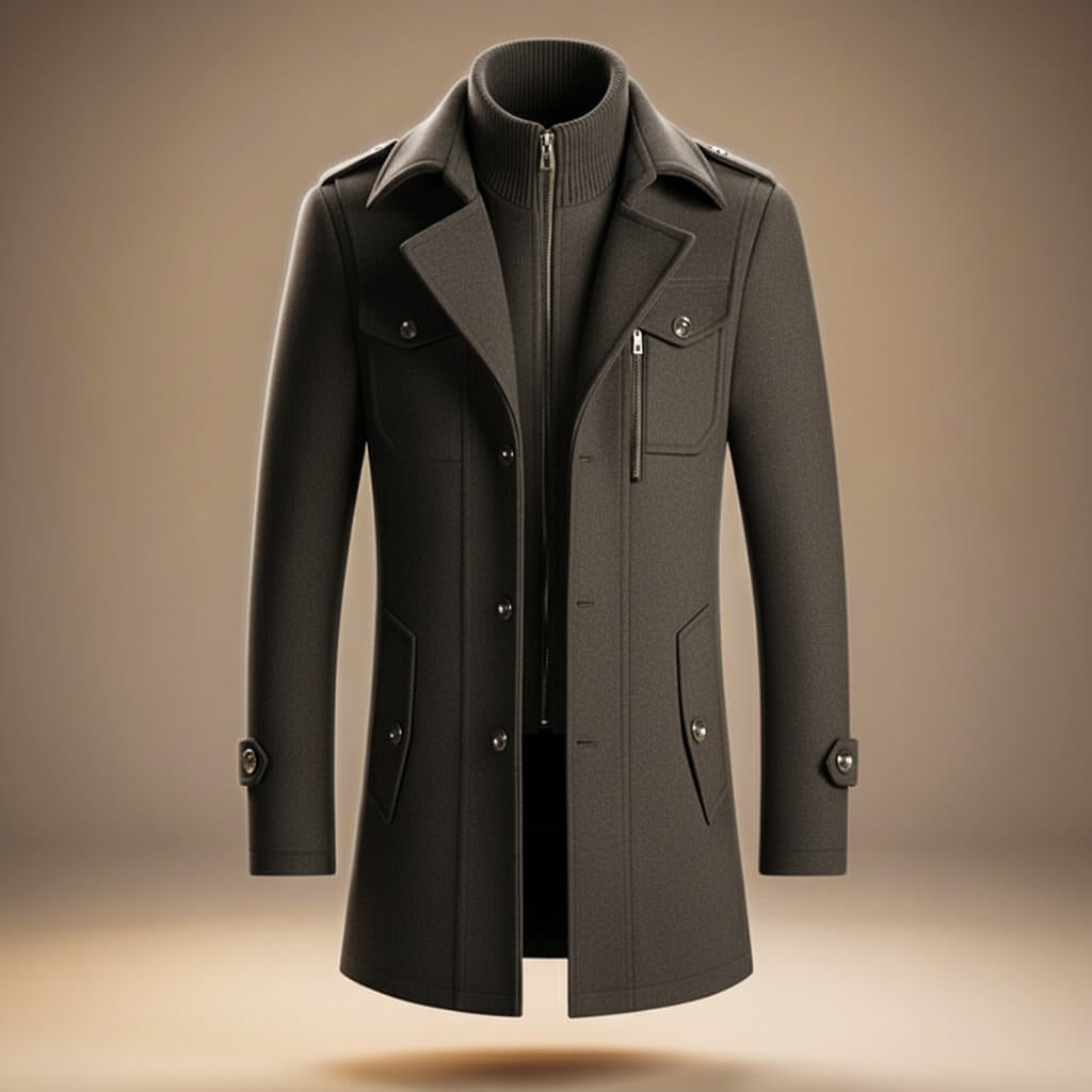 Men's Warm Wool Coat with Zip and Notched Collar