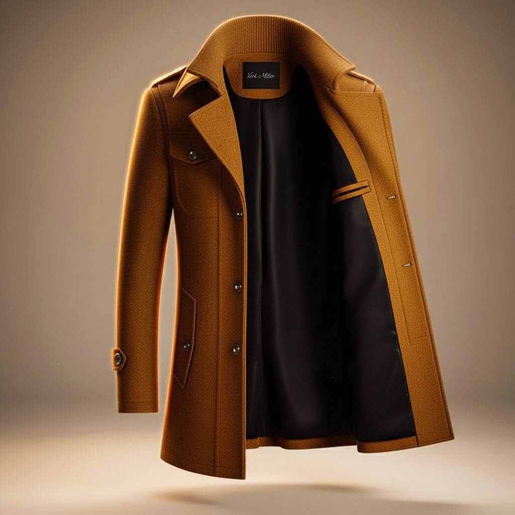 Men's Warm Wool Coat with Zip and Notched Collar