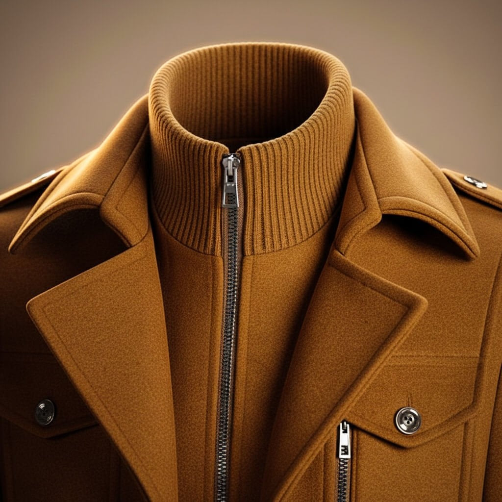 Men's Warm Wool Coat with Zip and Notched Collar
