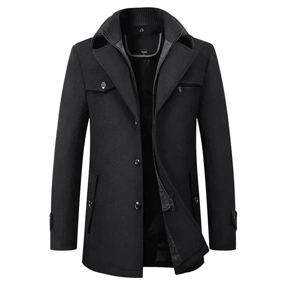 Men's Winter Coat featuring Double Collar, Zipper, and Button Placket