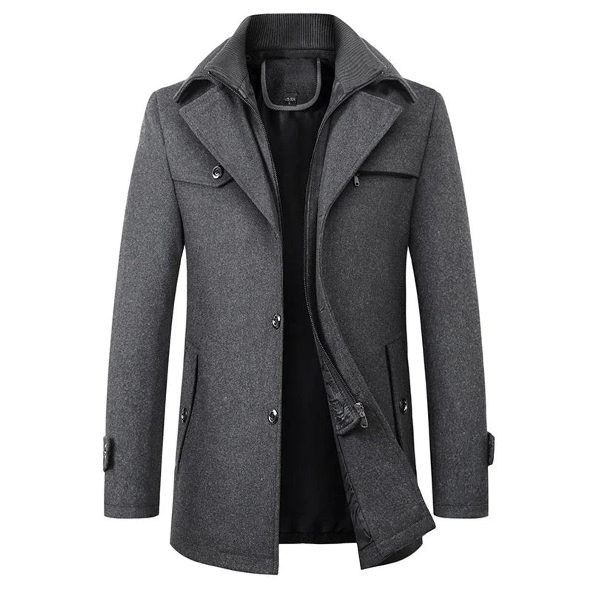 Men's Winter Coat featuring Double Collar, Zipper, and Button Placket