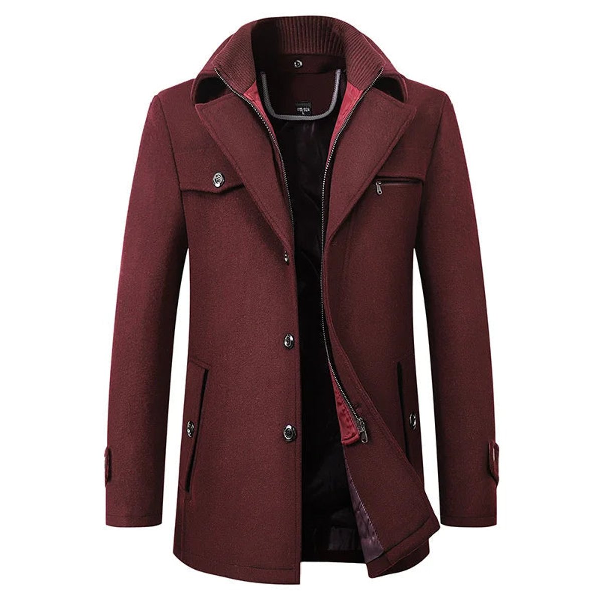 Men's Winter Coat featuring Double Collar, Zipper, and Button Placket