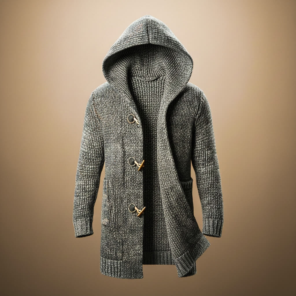 Men's Wool Knitted Gilet with Hood and Ribbed Cuffs
