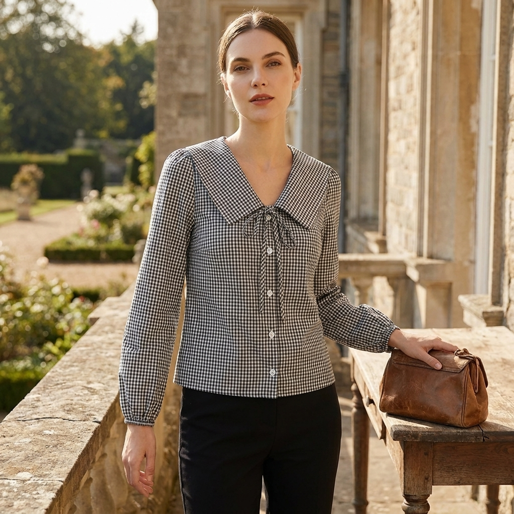 OLDMONEYLOOK | Women’s Refined Plaid Tie Neck Shirt