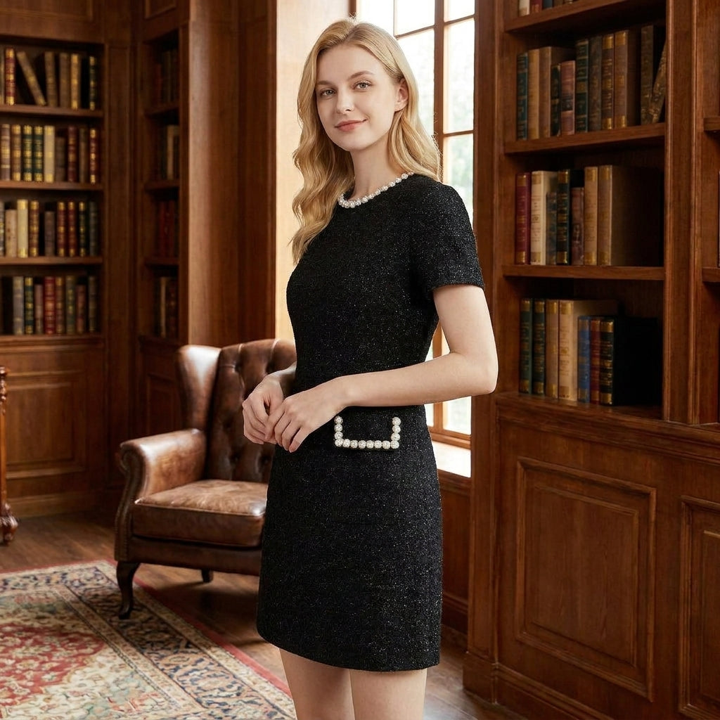 OLDMONEYLOOK | Women’s Refined Pearl Trim Mini Dress