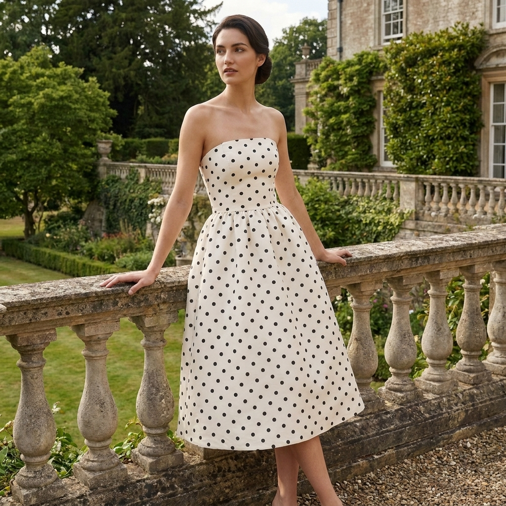 OLDMONEYLOOK | Women’s Refined Black Midi Dress with Polka Dots