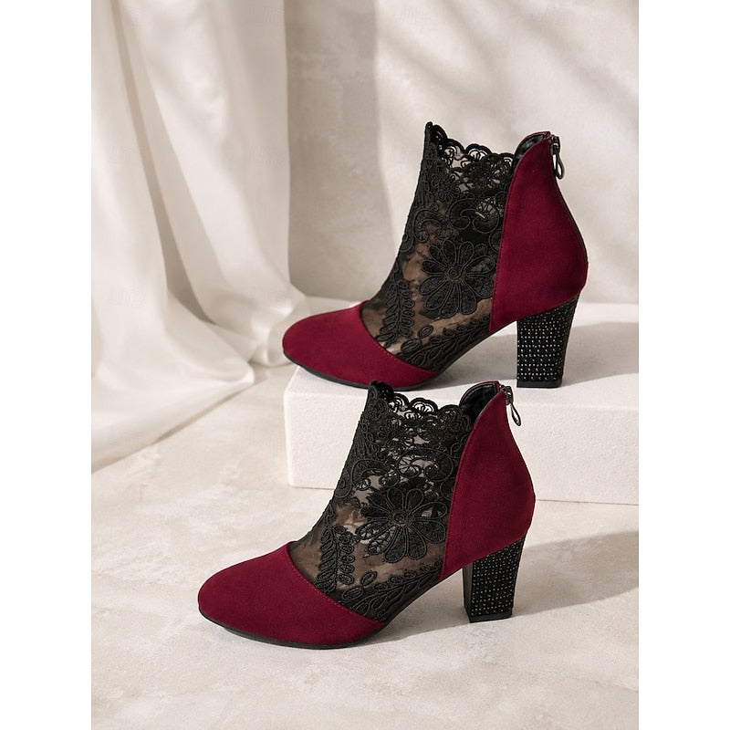 Helena | Floral Lace Ankle Boots with Block Heel